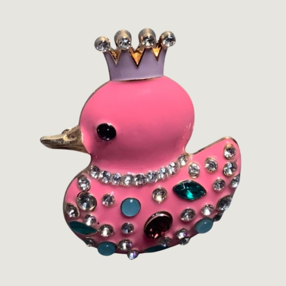 Pink Enamel Crown Ducky Brooch Princess Rhinestone Crystal Statement Pin Jewelry